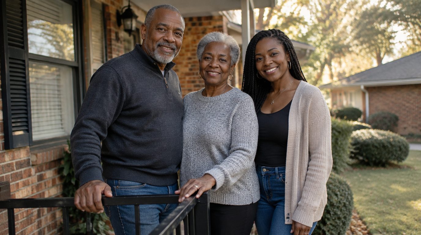 Three generations of a family smiling together on the front porch of their brick home
