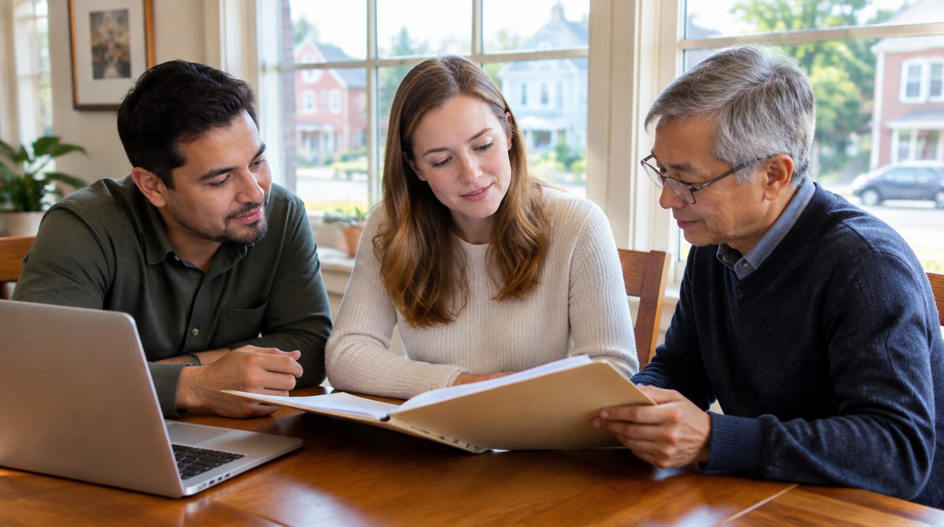 Two buyers and an older adviser reviewing a contract folder together at a wooden table