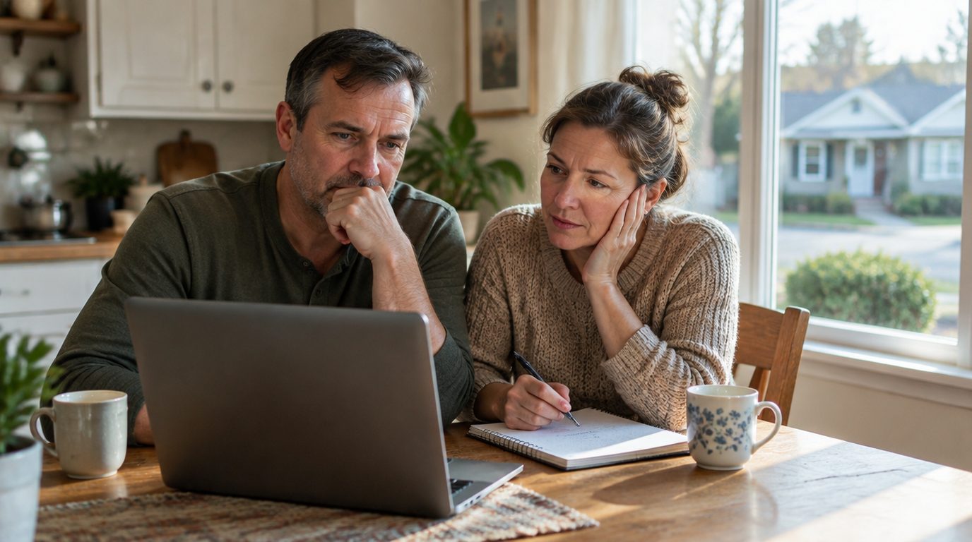 A worried couple at their kitchen table looking over their mortgage on a laptop